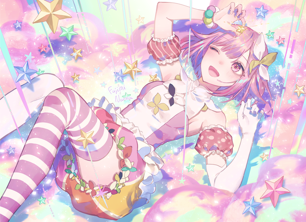 Anime picture 2146x1557 with project sekai ootori emu 778-go single highres short hair open mouth holding pink hair lying one eye closed pink eyes on back ;d different thighhighs girl thighhighs detached sleeves star (symbol) detached collar