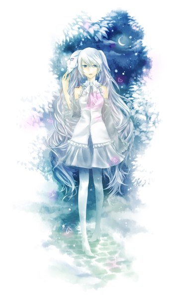 Anime picture 1500x2500 with vocaloid hatsune miku dlei single long hair tall image looking at viewer open mouth blue eyes smile twintails sky grey hair night night sky crescent mask on head alternate color girl skirt