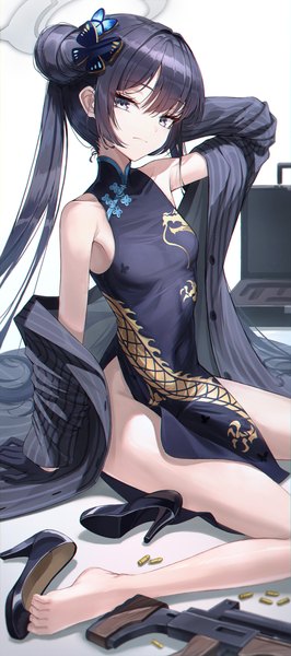 Anime picture 4000x9029 with blue archive kisaki (blue archive) k0a single long hair tall image looking at viewer fringe highres breasts light erotic black hair simple background smile hair between eyes white background sitting twintails absurdres bent knee (knees)