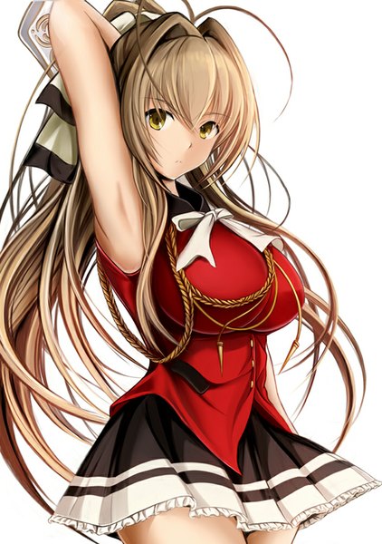 Anime picture 703x1000 with amagi brilliant park kyoto animation sento isuzu nannacy7 single long hair tall image looking at viewer breasts light erotic brown hair large breasts white background yellow eyes ponytail armpit (armpits) girl skirt