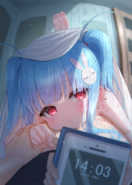 Anime picture 1555x2174 with original tsukiman long hair tall image looking at viewer blush fringe red eyes twintails payot blue hair indoors lying blunt bangs nail polish head tilt barefoot loli depth of field piercing