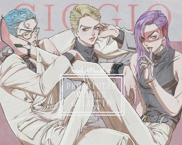 Anime picture 1024x812 with jojo no kimyou na bouken melone prosciutto ghiaccio hagiko long hair looking at viewer short hair blue eyes blonde hair blue hair purple hair multiple boys high heels sleeveless character names fashion finger in mouth boy gloves