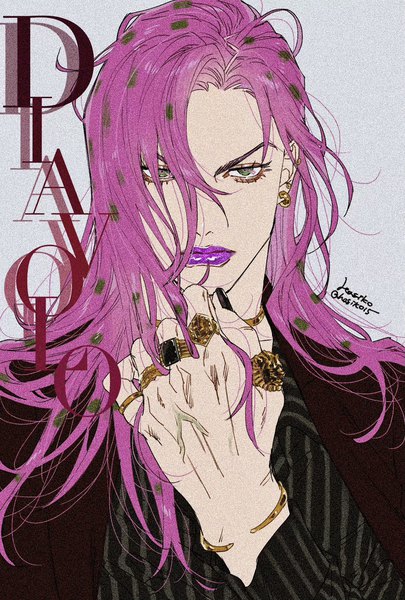 Anime picture 1181x1748 with jojo no kimyou na bouken diavolo hagiko single long hair tall image looking at viewer fringe simple background green eyes signed pink hair upper body nail polish hair over one eye character names lipstick piercing ear piercing black nail polish