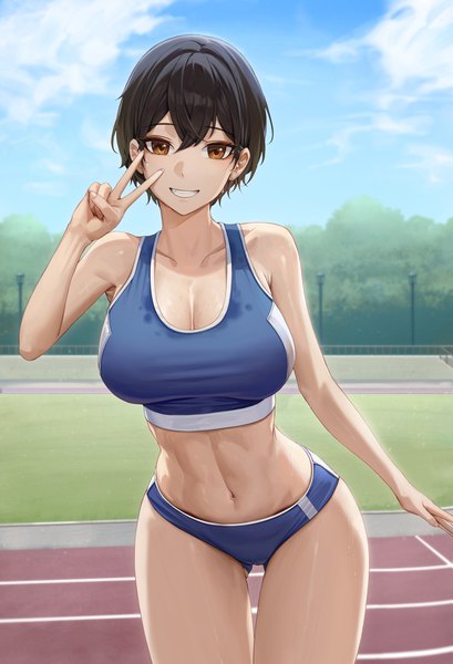 Anime picture 2729x4000 with original cryturtle single tall image looking at viewer fringe highres short hair breasts light erotic black hair smile large breasts standing bare shoulders brown eyes sky cleavage cloud (clouds) outdoors