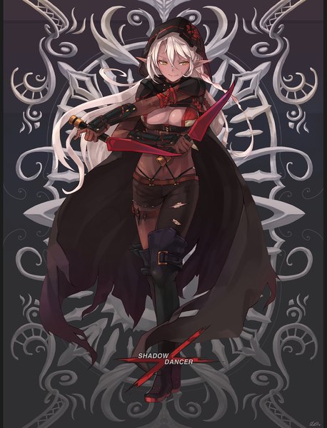 Anime picture 2000x2620 with dungeon and fighter nellen single long hair tall image highres light erotic yellow eyes looking away pointy ears grey hair girl weapon boots hood thigh boots cloak clothes dagger