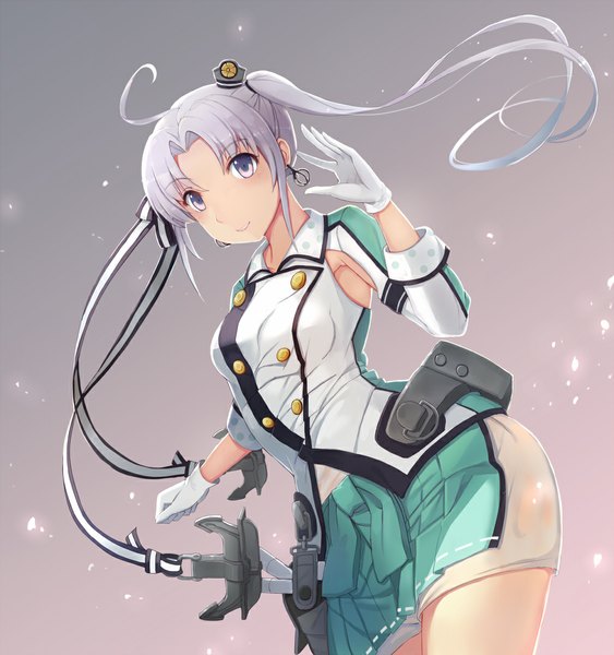 イラスト 1000x1066 と 艦隊これくしょん 秋津洲(艦これ) yingji (zszero) ソロ 長髪 長身像 カメラ目線 笑顔 紫目 ツインテール 銀髪 女の子 手袋 リボン ヘアリボン 帽子 白手袋 ミニハット anchor