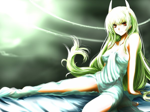 Anime picture 1400x1050 with touhou kamishirasawa keine ex-keine light erotic horn (horns) green hair girl