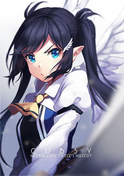 Anime picture 566x800 with original chiiririn single long hair tall image looking at viewer fringe blue eyes black hair simple background twintails payot upper body long sleeves pointy ears gradient background text english white wings frown