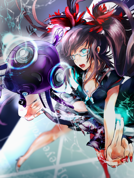 Anime picture 843x1116 with original renon (tenle) single long hair tall image open mouth black hair twintails nail polish aqua eyes alternate costume magic girl bow hair bow glasses