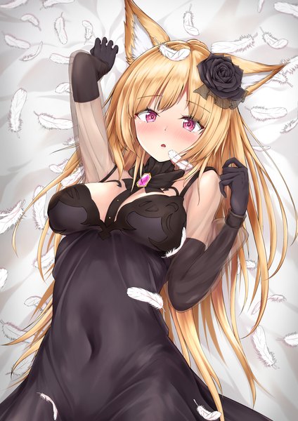 Anime picture 1190x1684 with granblue fantasy yuisis (granblue fantasy) hisei single long hair tall image looking at viewer blush light erotic blonde hair animal ears lying pink eyes on back embarrassed covered navel erune girl dress gloves