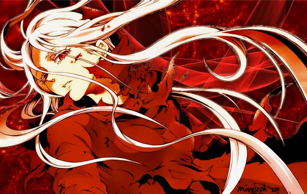 Anime picture 1200x760 with deadman wonderland shiro (deadman wonderland) single long hair looking at viewer red eyes white hair girl dress blood red dress