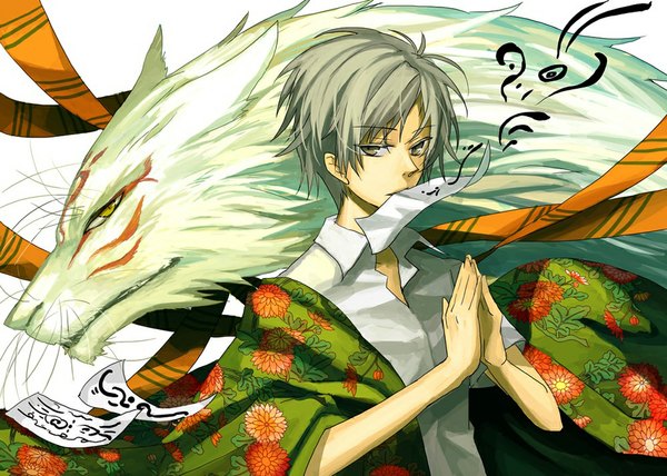 Anime picture 1024x731 with natsume yuujinchou brains base (studio) natsume takashi madara (nyanko-sensei) osamu (jagabata) yellow eyes japanese clothes profile grey hair grey eyes mouth hold open collar demon boy uniform ribbon (ribbons) school uniform shawl fox ofuda