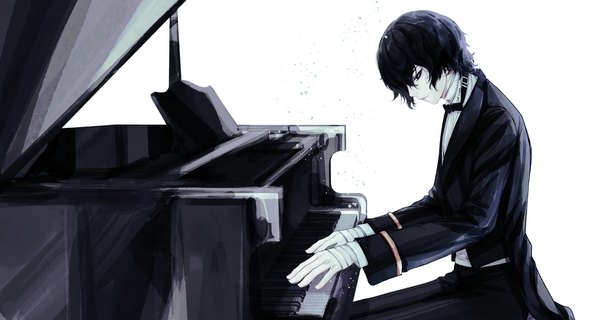 Anime picture 1695x905 with bungou stray dogs studio bones dazai osamu (bungou stray dogs) fortynine49ho single fringe short hair black hair simple background hair between eyes wide image white background sitting parted lips head tilt profile black eyes dated looking down playing instrument