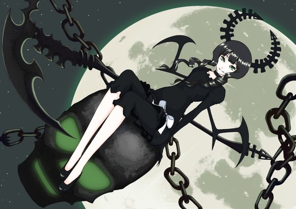 Anime picture 4093x2894 with black rock shooter dead master nanahime (aoi) single long hair highres black hair green eyes horn (horns) girl skirt bow wings moon chain skull scythe