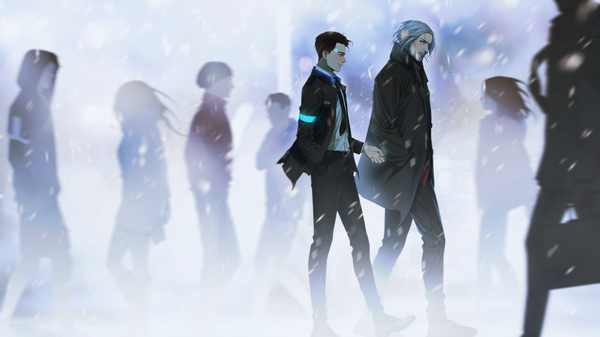 Anime picture 3250x1828 with detroit: become human connor (detroit) hank anderson e7 (runaway162) highres smile brown hair wide image holding brown eyes looking away silver hair parted lips profile looking back blurry open jacket multiple boys grey eyes mouth hold