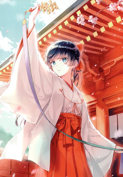 Anime picture 2406x3464 with original hiten (hitenkei) single long hair tall image blush fringe highres black hair standing holding looking away sky cloud (clouds) outdoors ponytail blunt bangs traditional clothes parted lips japanese clothes
