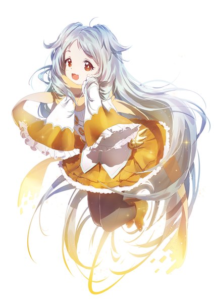 Anime picture 1060x1500 with princess connect! re:dive princess connect! miyako (princess connect!) lengchan (fu626878068) single tall image open mouth simple background white background brown eyes silver hair full body ahoge long sleeves very long hair :d girl pantyhose black pantyhose