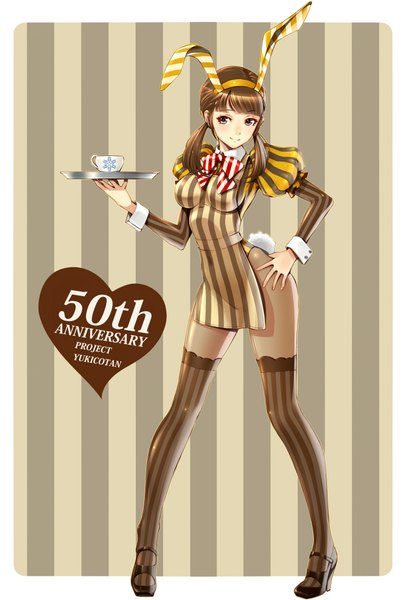 Anime picture 1446x2137 with yukijirushi yukiko-tan hirobee single long hair tall image looking at viewer brown hair twintails brown eyes bunny ears hand on hip striped striped background anniversary girl thighhighs striped thighhighs