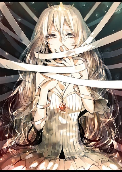 Anime picture 800x1129 with original ayatoki-1 single long hair tall image looking at viewer fringe breasts blonde hair bare shoulders cleavage glowing wavy hair silver eyes girl dress pendant jewelry bandage (bandages) crown