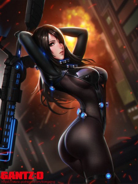 Anime picture 1000x1333 with gantz gonzo shimohira reika liang xing single long hair tall image fringe breasts light erotic black hair large breasts standing holding brown eyes signed outdoors ass parted lips looking back