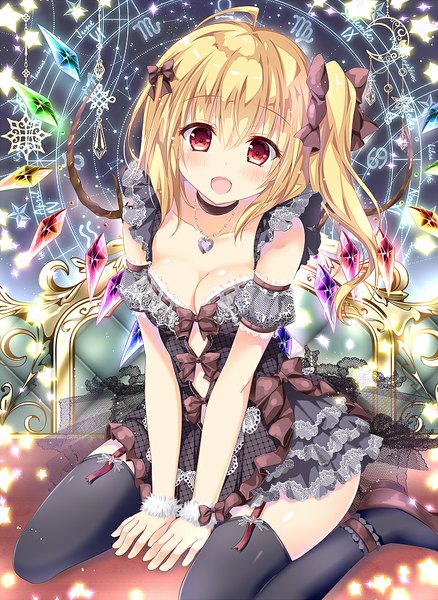 Anime-Bild 730x1000 mit touhou flandre scarlet kino (kino konomi) single long hair tall image looking at viewer blush fringe breasts open mouth blonde hair red eyes sitting bare shoulders cleavage alternate costume one side up kneeling happy