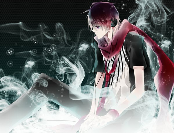 Anime picture 1000x765 with vocaloid akaito daiviad single short hair red eyes sitting red hair profile multicolored hair smoke boy necktie headphones scarf wire (wires)