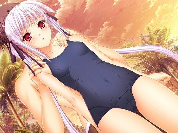Anime picture 1024x768 with walkure romanze lisa eostre komori kei long hair blush light erotic red eyes twintails game cg white hair girl swimsuit one-piece swimsuit school swimsuit