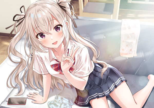 Anime picture 2500x1758 with original shiokazunoko single long hair looking at viewer blush fringe highres open mouth smile hair between eyes sitting purple eyes payot silver hair bent knee (knees) indoors head tilt :d pleated skirt