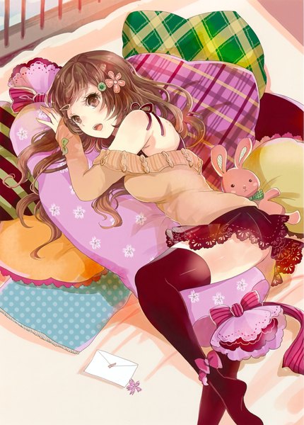 Anime picture 2244x3131 with original sakuragi kei single long hair tall image blush highres open mouth brown hair brown eyes hair flower girl thighhighs hair ornament bow black thighhighs hairclip pillow sweater letter