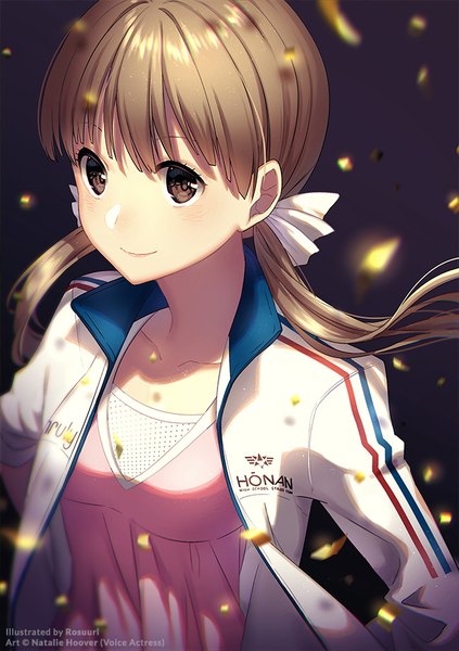Anime picture 650x922 with prince of stride sakurai nana rosuuri single long hair tall image blush fringe simple background smile brown hair twintails brown eyes signed looking away upper body blurry inscription open jacket depth of field