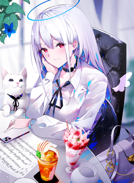 Anime picture 2200x3000 with original w (w64851564) single long hair tall image looking at viewer blush fringe highres hair between eyes red eyes sitting white hair light smile head rest girl animal shirt choker food