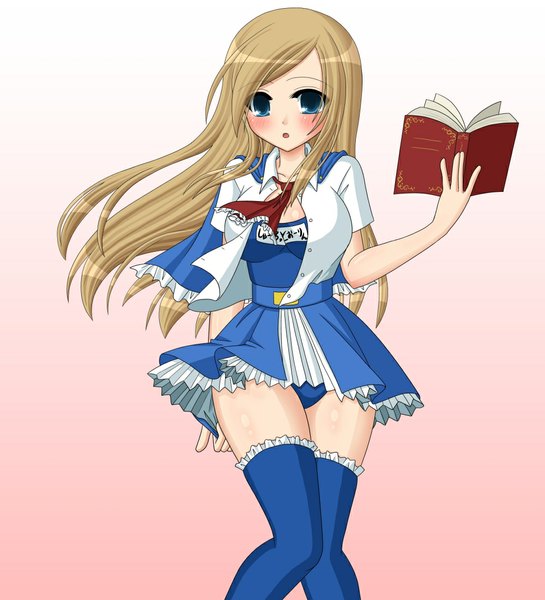 Anime picture 1000x1101 with castlevania konami charlotte aulin single long hair tall image looking at viewer blush blue eyes light erotic blonde hair pantyshot girl thighhighs dress book (books)