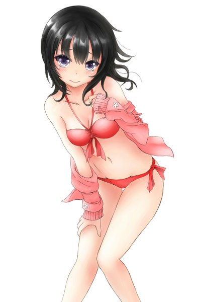Anime picture 1745x2657 with boku wa tomodachi ga sukunai mikazuki yozora masao oboe tennis single long hair tall image looking at viewer blush highres light erotic black hair simple background white background purple eyes bare shoulders bare belly front-tie top knees together feet apart girl navel