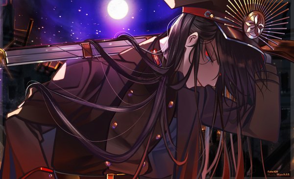 Anime picture 973x594 with fate (series) fate/grand order koha-ace oda nobunaga (fate) (all) oda nobunaga (fate) marchab 66 single long hair looking at viewer fringe black hair hair between eyes red eyes wide image holding signed upper body outdoors long sleeves profile