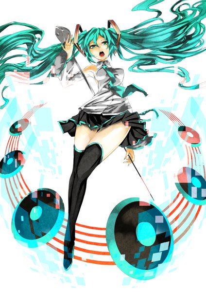 Anime picture 1654x2340 with vocaloid hatsune miku nr noir single long hair tall image looking at viewer highres breasts open mouth twintails pleated skirt aqua eyes aqua hair girl skirt uniform school uniform detached sleeves necktie
