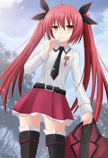 Anime picture 1366x2000 with date a live itsuka kotori kazenokaze single long hair tall image red eyes standing twintails ahoge outdoors red hair girl skirt uniform school uniform miniskirt shirt necktie thigh boots