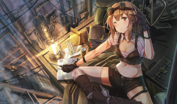Anime picture 1909x1125 with original yu ni t single blush highres short hair breasts light erotic brown hair wide image sitting holding brown eyes cleavage one eye closed bare belly goggles on head indian style steam punk girl
