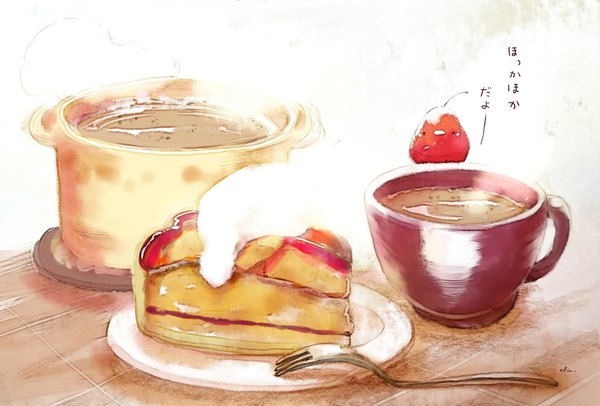 Anime picture 2000x1355 with original chai (artist) looking at viewer highres simple background white background signed inscription hieroglyph no people food sweets cup cake teacup plate fork creature tea cream