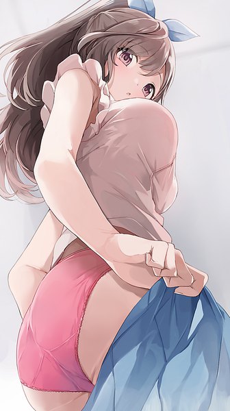 Anime picture 840x1500 with idolmaster idolmaster shiny colors tsukioka kogane hiroki (yyqw7151) single long hair tall image looking at viewer blush fringe breasts open mouth light erotic simple background hair between eyes brown hair large breasts standing bare shoulders brown eyes