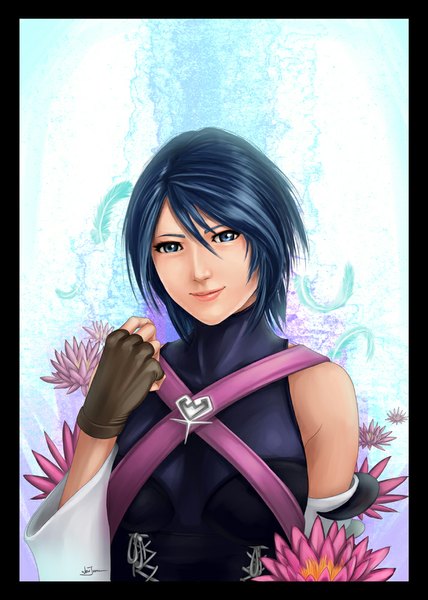 Anime picture 714x1000 with kingdom hearts square enix aqua (kingdom hearts) poibuts single tall image short hair blue eyes smile blue hair lips girl gloves flower (flowers) fingerless gloves