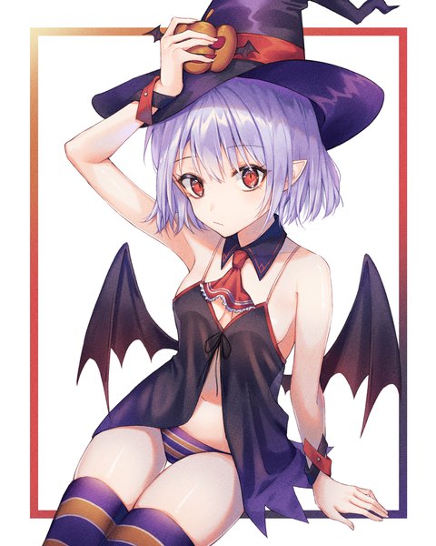 Anime-Bild 1600x2000 mit touhou remilia scarlet cha chya single tall image looking at viewer short hair light erotic simple background red eyes white background sitting purple hair pointy ears arm support border halloween hand on head bat wings girl