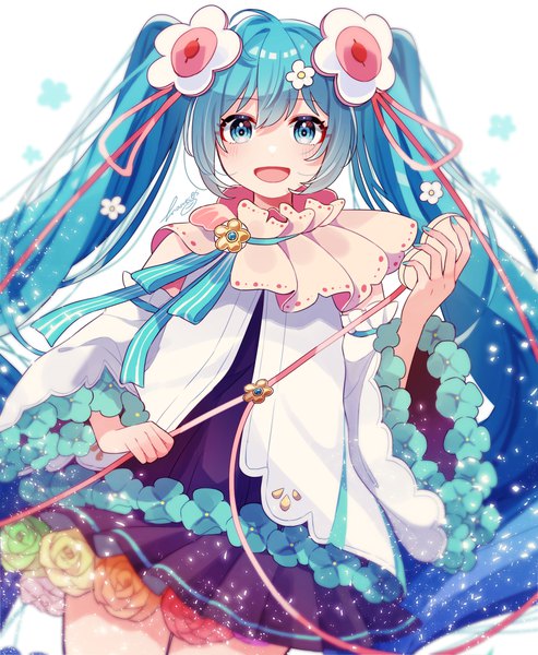 Anime picture 2191x2667 with vocaloid magical mirai (vocaloid) hatsune miku magical mirai miku magical mirai miku (2021) edamameko single tall image looking at viewer fringe highres open mouth hair between eyes twintails signed very long hair nail polish :d hair flower aqua eyes