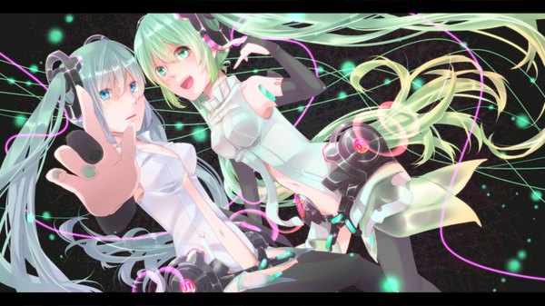 Anime picture 1600x900 with vocaloid vocaloid append hatsune miku hatsune miku (append) minato usagi (artist) long hair open mouth blue eyes wide image twintails multiple girls green eyes nail polish green hair black background face to face girl 2 girls wire (wires)