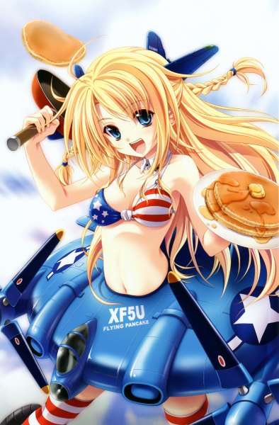 Anime picture 3157x4799 with miyama zero single tall image highres open mouth blue eyes light erotic blonde hair absurdres braid (braids) flag print girl swimsuit food sweets bikini top cake pancake (pancakes) frying pan american flag bikini