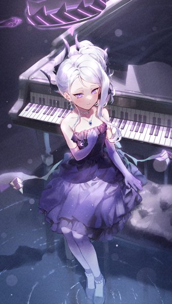 Anime picture 2324x4093 with blue archive hina (blue archive) hina (dress) (blue archive) eshineko single long hair tall image highres sitting purple eyes silver hair full body horn (horns) from above official alternate costume ripples girl dress gloves elbow gloves