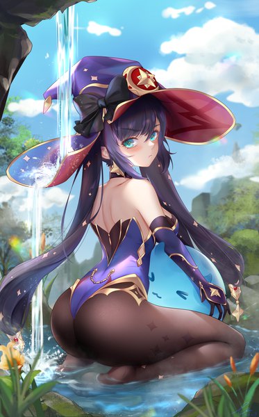 Anime picture 4266x6862 with genshin impact mona megistus slime (genshin impact) liu liaoliao single long hair tall image looking at viewer blush fringe highres breasts light erotic black hair hair between eyes twintails payot absurdres sky cloud (clouds)