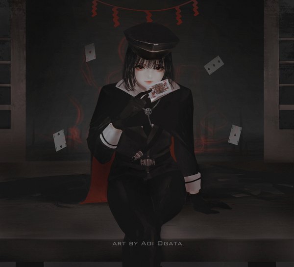 Anime picture 1529x1387 with original aoi ogata single looking at viewer fringe short hair black hair hair between eyes sitting holding signed indoors black eyes arm support crossed legs girl gloves uniform black gloves belt