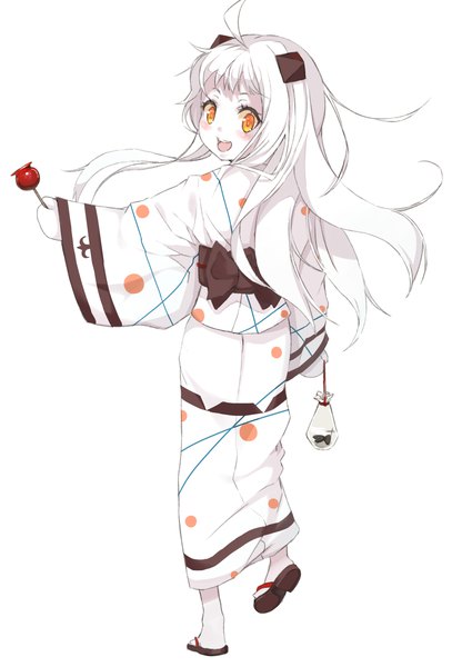 Anime picture 1648x2432 with kantai collection northern ocean hime mugcup single long hair tall image looking at viewer blush open mouth simple background smile standing white background full body ahoge white hair long sleeves traditional clothes japanese clothes looking back