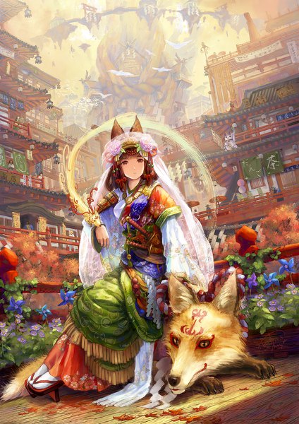 Anime picture 848x1200 with original miyai haruki long hair tall image fringe black hair sitting animal ears full body outdoors tail traditional clothes japanese clothes animal tail hair flower dutch angle city floral print fox tail solo focus
