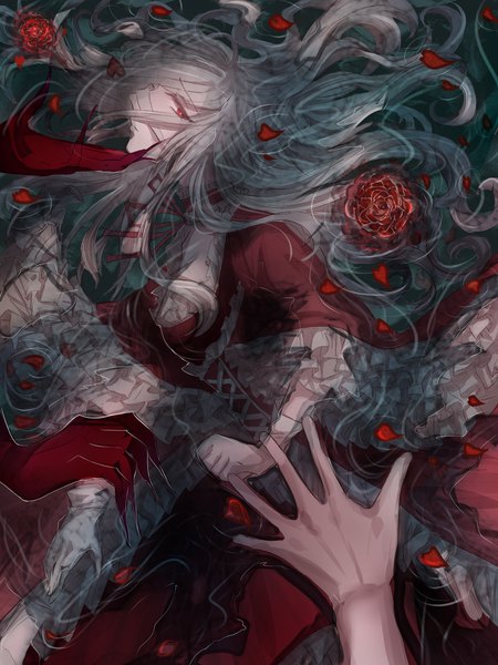 Anime picture 1500x2000 with original wuc long hair tall image looking at viewer fringe red eyes profile grey hair wide sleeves partially submerged lacing pov girl dress gloves flower (flowers) petals water frills